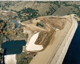 Overview of construction site of a dam and levee