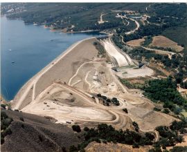 Overview of construction site of a dam and levee