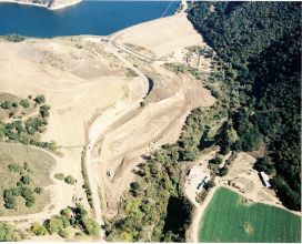 Overview of construction site of a dam and levee