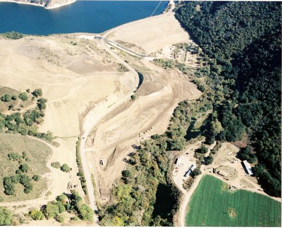 Overview of construction site of a dam and levee