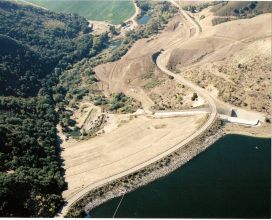 Overview of construction site of a dam and levee